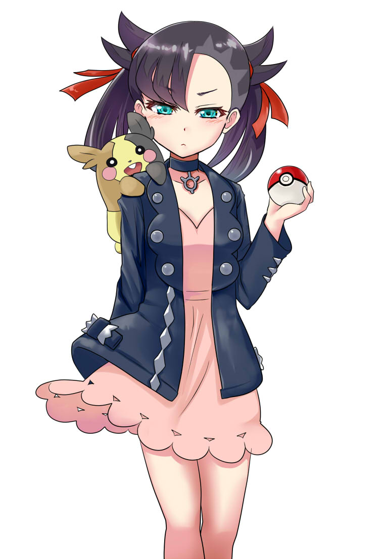 1girl :&lt; :d aqua_eyes asymmetrical_bangs bangs black_choker black_hair black_jacket blush choker closed_mouth collarbone commentary_request dress eyebrows_visible_through_hair gen_8_pokemon hair_ribbon half-closed_eyes hand_up holding holding_poke_ball jacket long_sleeves looking_at_viewer mary_(pokemon) momoda_yasuhito morpeko open_clothes open_jacket open_mouth pink_dress poke_ball pokemon pokemon_(creature) pokemon_(game) pokemon_swsh red_ribbon ribbon simple_background smile twintails v-shaped_eyebrows white_background