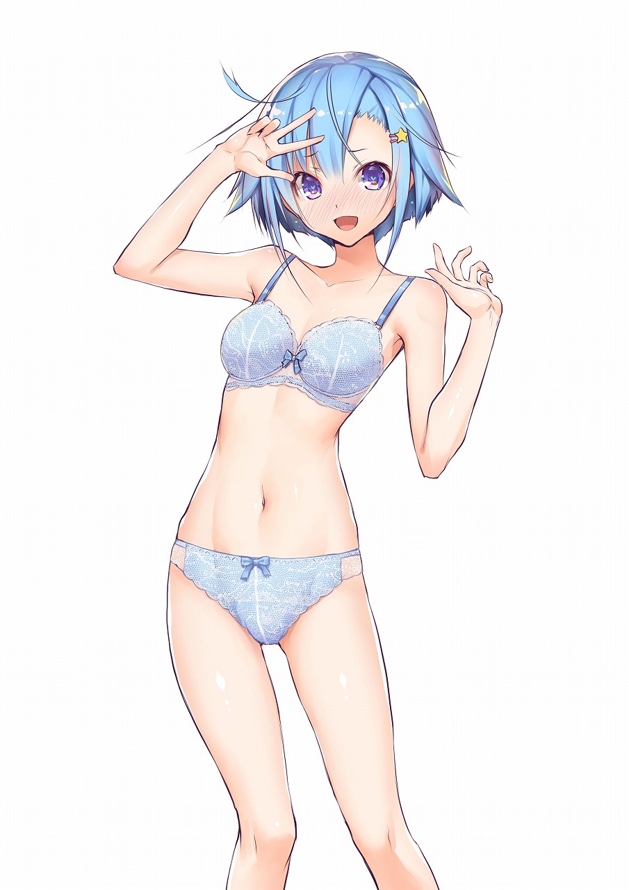 1boy :d ahoge blue_bra blue_eyes blue_hair blush bra hair_ornament hairclip hand_up heart heart-shaped_pupils highres looking_at_viewer navel open_mouth original otoko_no_ko panties simple_background smile solo standing star star_hair_ornament symbol-shaped_pupils taropun underwear v white_background
