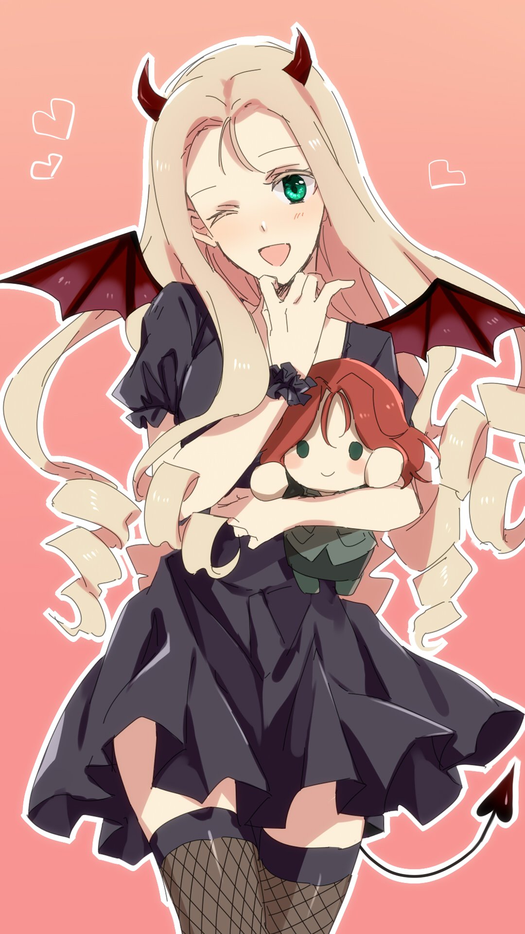 1girl ;d amazuki_jou bat_wings black_dress black_legwear black_scrunchie black_wings blonde_hair blush character_doll chin_grab commentary_request cowboy_shot demon_horns demon_tail doll dress drill_hair fishnet_legwear fishnets frilled_sleeves frills girls_und_panzer green_eyes heart highres holding holding_doll horns long_hair looking_at_viewer marie_(girls_und_panzer) one_eye_closed open_mouth outline pink_background school_connection scrunchie selection_university_military_uniform short_dress short_sleeves simple_background smile solo standing tail thigh-highs white_outline wings wrist_scrunchie