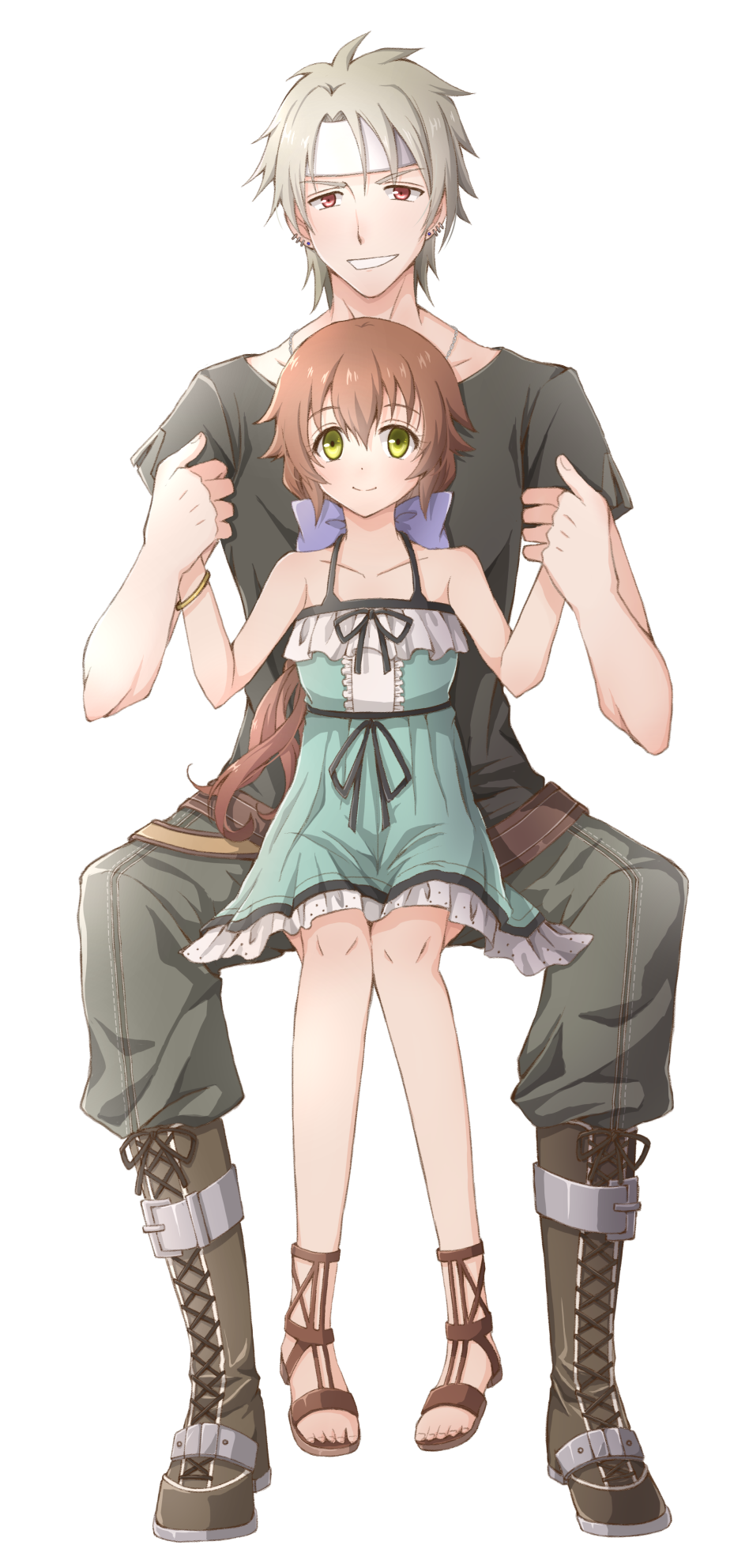 1boy 1girl aono_(aonocrotowa) aqua_dress belt black_ribbon black_shirt blue_bow boots bow brown_belt brown_footwear brown_hair closed_mouth collarbone couple crow_armbrust dress earrings eiyuu_densetsu green_eyes grey_pants grin hair_bow highres holding_hands invisible_chair jewelry long_hair pants red_eyes rei_no_himo ribbon sen_no_kiseki shiny shiny_hair shirt short_dress short_sleeves silver_hair simple_background sitting sleeveless sleeveless_dress smile sundress towa_herschel very_long_hair white_background