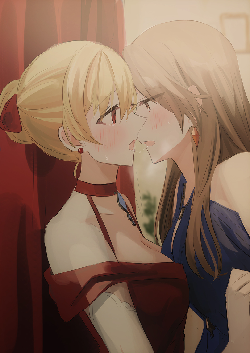 blonde_hair blue_dress blurry blurry_background blush breasts brown_eyes brown_hair chihuri choker collarbone curtains depth_of_field dress earrings eye_contact granblue_fantasy hair_bun hair_ribbon highres indoors jewelry katalina_aryze long_hair looking_at_another medium_breasts open_mouth profile red_choker red_dress red_eyes red_ribbon ribbon saliva saliva_trail sleeveless sleeveless_dress upper_body vira_lilie yuri