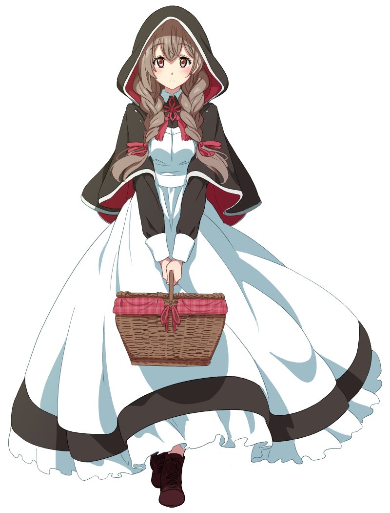 1girl alternate_costume ao_iro apron basket blush braid breasts brown_eyes brown_footwear brown_hair capelet closed_mouth dress enmaided eyebrows_visible_through_hair frills hair_ribbon holding holding_basket hood hood_up hooded_capelet kantai_collection long_hair long_sleeves maid ribbon shinshuu_maru_(kantai_collection) simple_background solo standing twin_braids white_apron white_background