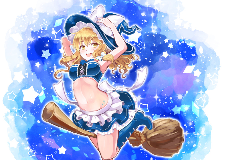 1girl :d armpits arms_up bandeau bangs bare_arms bare_shoulders blonde_hair blue_bow blue_footwear blue_headwear blue_neckwear blue_skirt blush boots bow bowtie breasts broom commentary_request cross-laced_clothes eyebrows_visible_through_hair groin hair_between_eyes hair_bow hat hat_bow kirisame_marisa long_hair looking_at_viewer medium_breasts microskirt midriff navel open_mouth owatatsutake skirt skirt_set smile solo stomach touhou white_bow witch_hat yellow_eyes