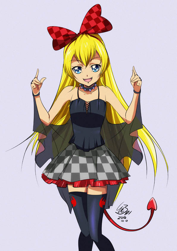 1girl 2018 :d bangs black_legwear black_shirt blonde_hair blue_eyes bow bracelet checkered checkered_bow checkered_skirt collar collarbone cosplay_request dated demon_tail dokidoki!_precure grey_background grey_skirt hair_bow hairband jewelry layered_skirt long_hair looking_at_viewer miniskirt open_mouth precure red_bow red_hairband regina_(dokidoki!_precure) sash shiny shiny_hair shirt signature simple_background skirt sleeveless sleeveless_shirt smile solo standing tail thigh-highs tomo5656ky very_long_hair zettai_ryouiki