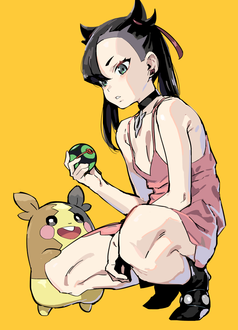 1girl black_hair blue_eyes breasts choker dress dusk_ball earrings gen_8_pokemon iku_(ikuchan_kaoru) jewelry mary_(pokemon) morpeko pink_dress poke_ball pokemon pokemon_(game) pokemon_swsh small_breasts squatting twintails yellow_background