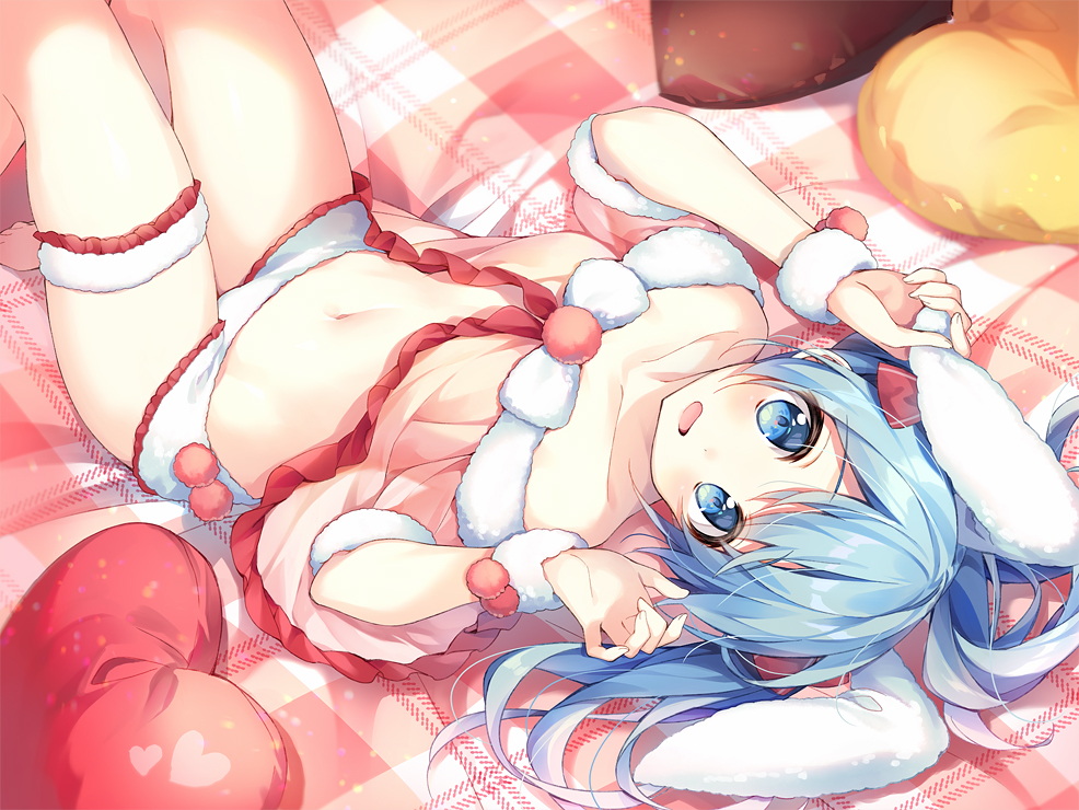 1girl :d animal_ears babydoll bare_shoulders blue_eyes blue_hair collarbone commentary_request fur_trim hands_up heart heart_pillow knees_up lingerie long_hair looking_at_viewer lying navel on_back on_bed open_mouth original panties pillow plaid rabbit_ears smile solo stomach suimya thigh_strap thighs twintails underwear underwear_only white_panties