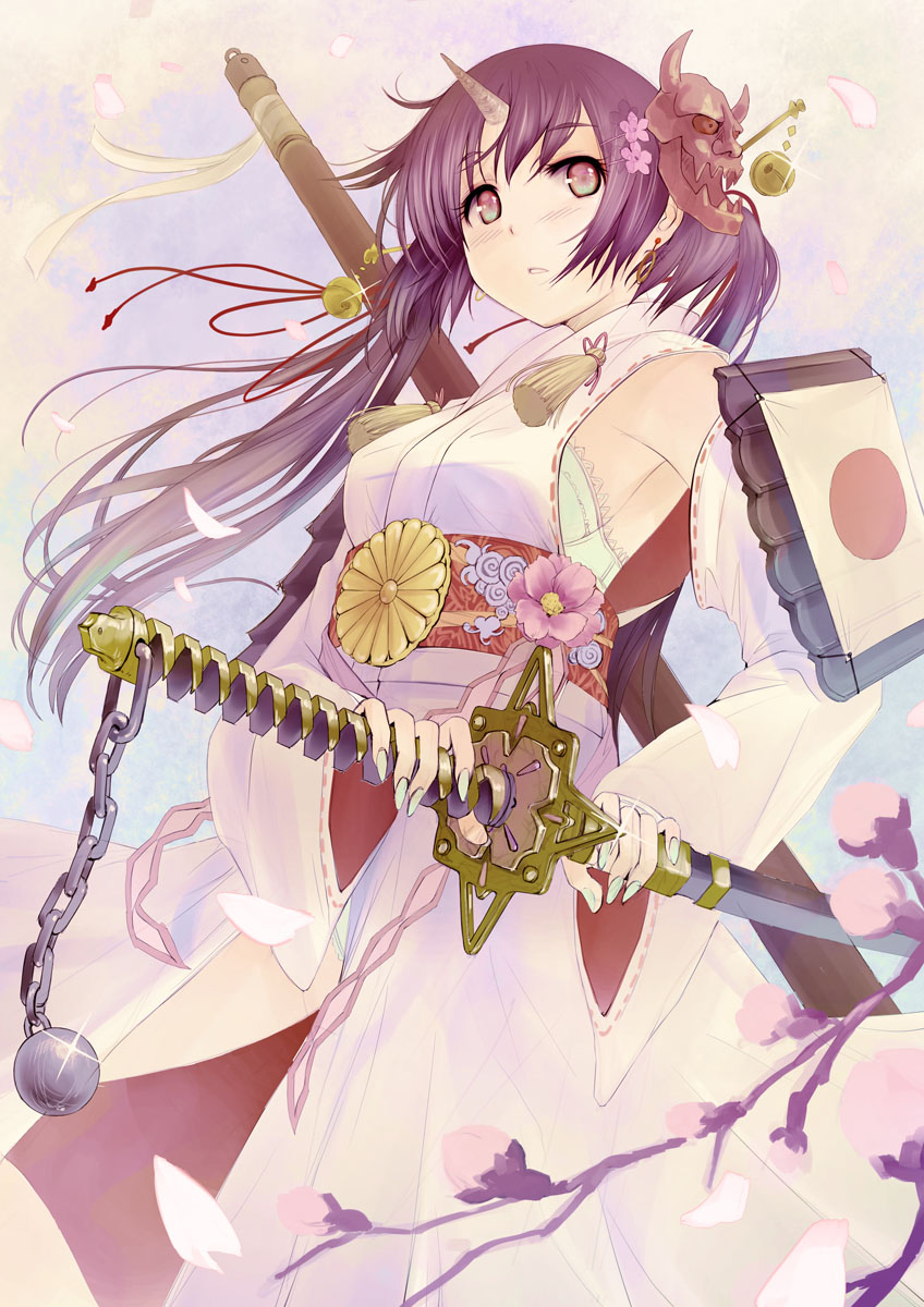 1girl bangs bell black_eyes black_hair branch chain cherry_blossoms clouds cloudy_sky commentary day detached_sleeves eyebrows_visible_through_hair flower green_nails highres holding holding_sword holding_weapon horn japanese_clothes kimono light_blush long_hair looking_at_viewer lying mask mask_on_head nail_polish obi on_back oni oni_mask original outdoors parted_lips petals pink_flower pink_sky ribbon-trimmed_sleeves ribbon_trim sash sky sleeveless sleeveless_kimono solo sparkle standing sword weapon white_kimono yurikuta_tsukumi