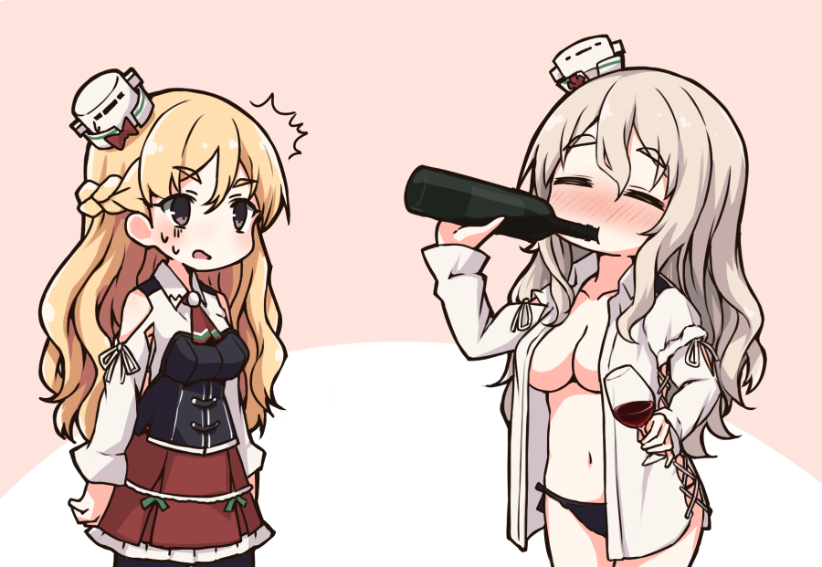 2girls aki_inu alcohol bangs black_panties blonde_hair blush bottle braid breasts closed_eyes corset cup drinking drinking_glass french_braid grey_hair hat holding holding_bottle holding_cup kantai_collection long_hair long_sleeves mini_hat multiple_girls open_clothes panties pola_(kantai_collection) red_skirt shoulder_cutout simple_background skirt sweat thick_eyebrows underwear wavy_hair wine wine_bottle wine_glass zara_(kantai_collection)