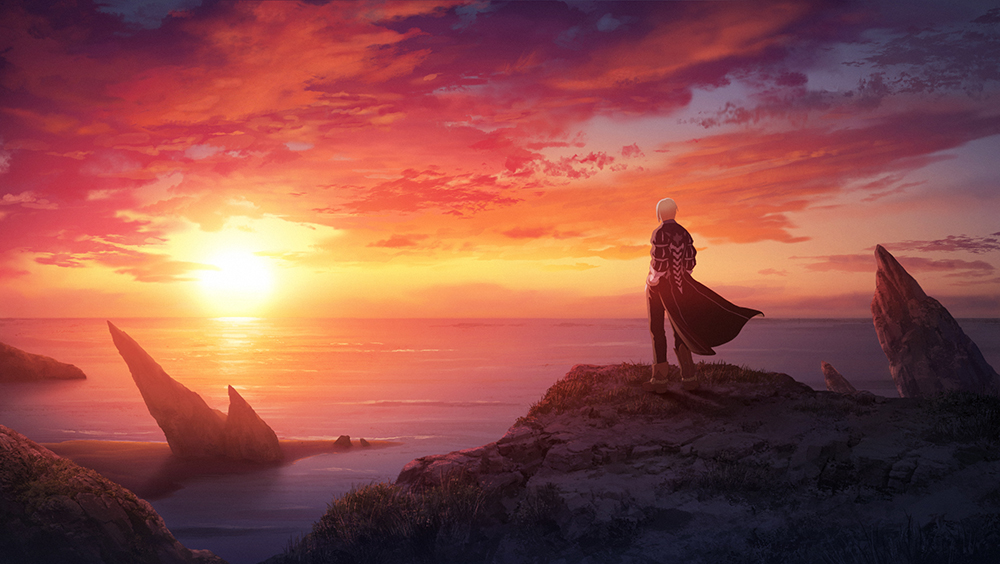 1boy beach black_cape black_pants blonde_hair boots brown_footwear cape day eizen_(tales) from_behind full_body hand_in_pocket mosako ocean outdoors pants scenery sky solo sunset tales_of_(series) tales_of_berseria