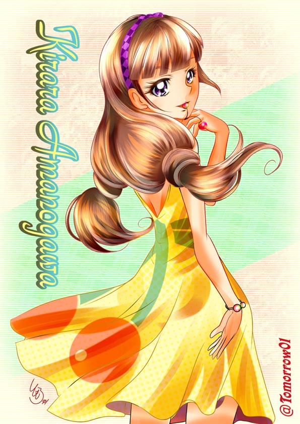 1girl amanogawa_kirara backless_dress backless_outfit bangs blunt_bangs bracelet brown_hair character_name checkered_hairband cherry cowboy_shot dress floating_hair food from_behind fruit go!_princess_precure hairband jewelry long_hair looking_at_viewer looking_back mouth_hold precure print_dress purple_hairband shiny shiny_hair sleeveless sleeveless_dress solo standing tomo5656ky twintails twitter_username very_long_hair violet_eyes yellow_dress
