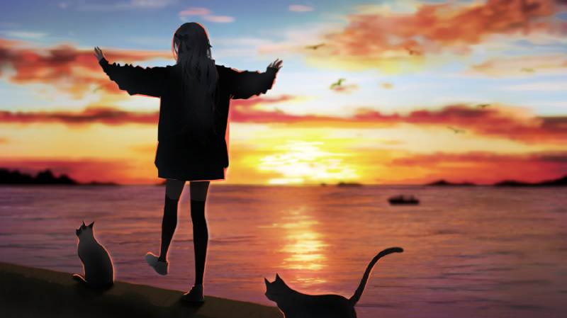 1girl agnamore animal backlighting bird black_bow black_legwear black_shirt blue_sky blurry blurry_background bow cat clouds cloudy_sky commentary_request depth_of_field facing_away grey_hair hair_bow korean_text long_hair long_sleeves ocean original outstretched_arms scenery ship shirt shoes sky solo spread_arms standing standing_on_one_leg sunset thigh-highs water watercraft white_footwear