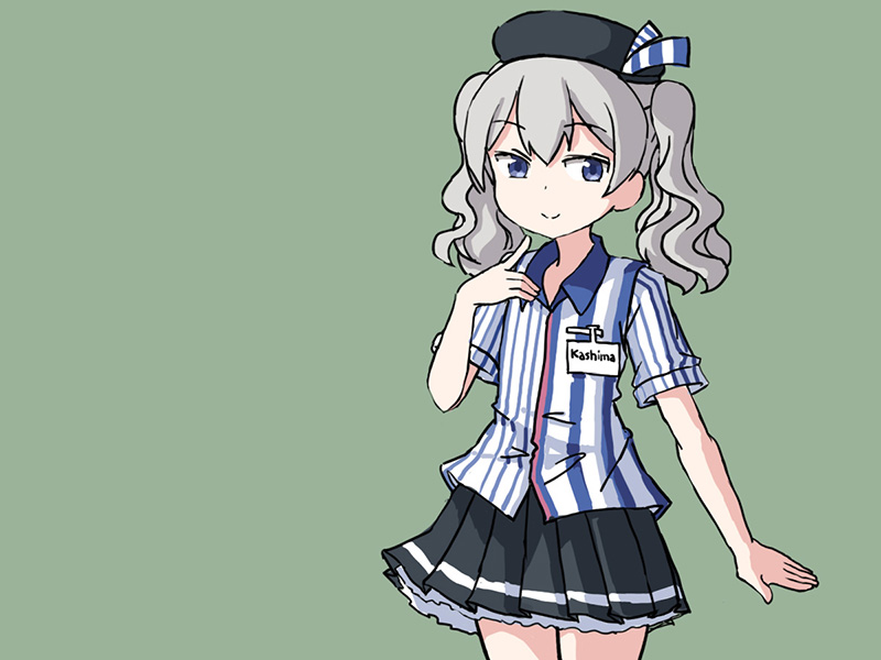 1girl adrian_ferrer black_skirt blue_eyes character_name collared_shirt commentary cowboy_shot employee_uniform english_commentary flat_chest green_background id_card kantai_collection kashima_(kantai_collection) lawson looking_at_viewer miniskirt pleated_skirt shirt sidelocks silver_hair simple_background skirt smile solo standing striped striped_shirt twintails uniform wavy_hair