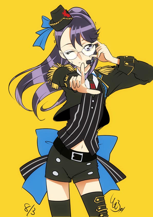 1girl ;) back_bow belt belt_buckle black_belt black_headwear black_jacket black_legwear black_neckwear black_shirt black_shorts blue_bow bow buckle contrapposto cowboy_shot dress_shirt floating_hair glasses hat head_tilt headset heartcatch_precure! high_ponytail index index_finger_raised jacket long_hair long_sleeves looking_at_viewer microphone midriff mini_hat navel necktie one_eye_closed open_clothes open_jacket outstretched_arm precure purple_hair rimless_eyewear shiny shiny_hair shirt short_shorts shorts simple_background smile solo stomach striped striped_shirt sweatdrop thigh-highs tomo5656ky tsukikage_yuri vertical-striped_shirt vertical_stripes very_long_hair violet_eyes yellow_background zettai_ryouiki