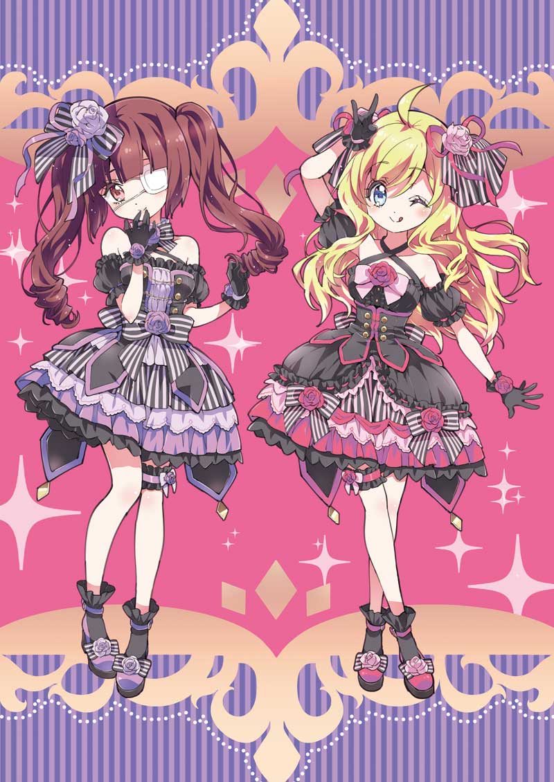 2girls ;q \m/ ahoge arm_up bare_shoulders black_gloves black_legwear blonde_hair blue_eyes blush bow brown_hair closed_mouth collarbone commentary_request criss-cross_halter dress drill_hair eyebrows_visible_through_hair eyepatch flower full_body gloves hair_between_eyes hair_bow hair_ribbon halterneck hanazono_yurine head_tilt jashin-chan jashin-chan_dropkick leg_garter long_hair looking_at_viewer medical_eyepatch multiple_girls official_art one_eye_closed red_eyes red_flower red_rose ribbon rose shoes smile socks tongue tongue_out twintails yukiwo