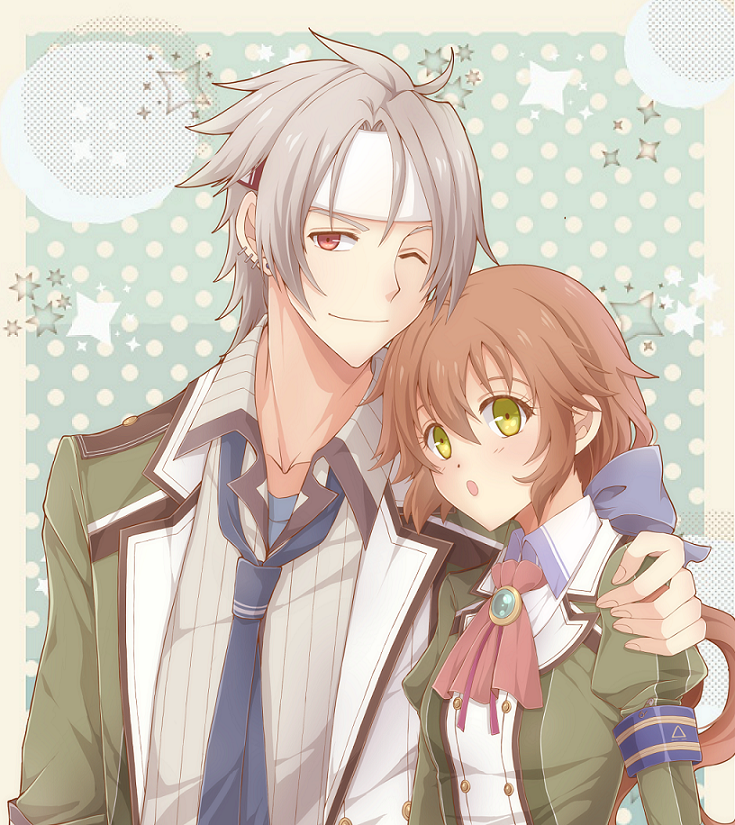 1boy 1girl ;) aono_(aonocrotowa) armband ascot blue_neckwear brown_hair closed_mouth collared_shirt crow_armbrust earrings eiyuu_densetsu floating_hair green_eyes green_jacket grey_shirt hair_between_eyes hand_on_another's_shoulder headband jacket jewelry long_hair long_sleeves looking_at_viewer necktie one_eye_closed open_clothes open_jacket polka_dot polka_dot_background red_neckwear school_uniform sen_no_kiseki shirt silver_hair smile striped striped_shirt towa_herschel vertical-striped_shirt vertical_stripes very_long_hair white_headband white_shirt wing_collar