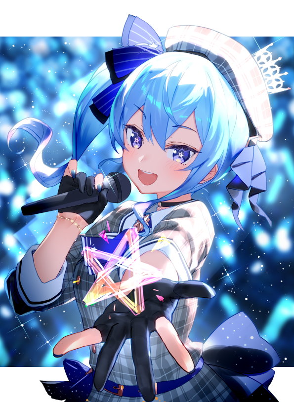 1girl bangs belt belt_buckle beret black_gloves blue_hair blue_neckwear bracelet buckle choker collar crown eyebrows_visible_through_hair gloves hair_between_eyes hair_ornament hat holding holding_microphone hololive hoshimachi_suisei izumi_sai jewelry long_sleeves looking_at_viewer medium_hair microphone music necktie one_side_up open_mouth partly_fingerless_gloves singing solo sparkle star suisei_channel upper_body upper_teeth virtual_youtuber white_collar