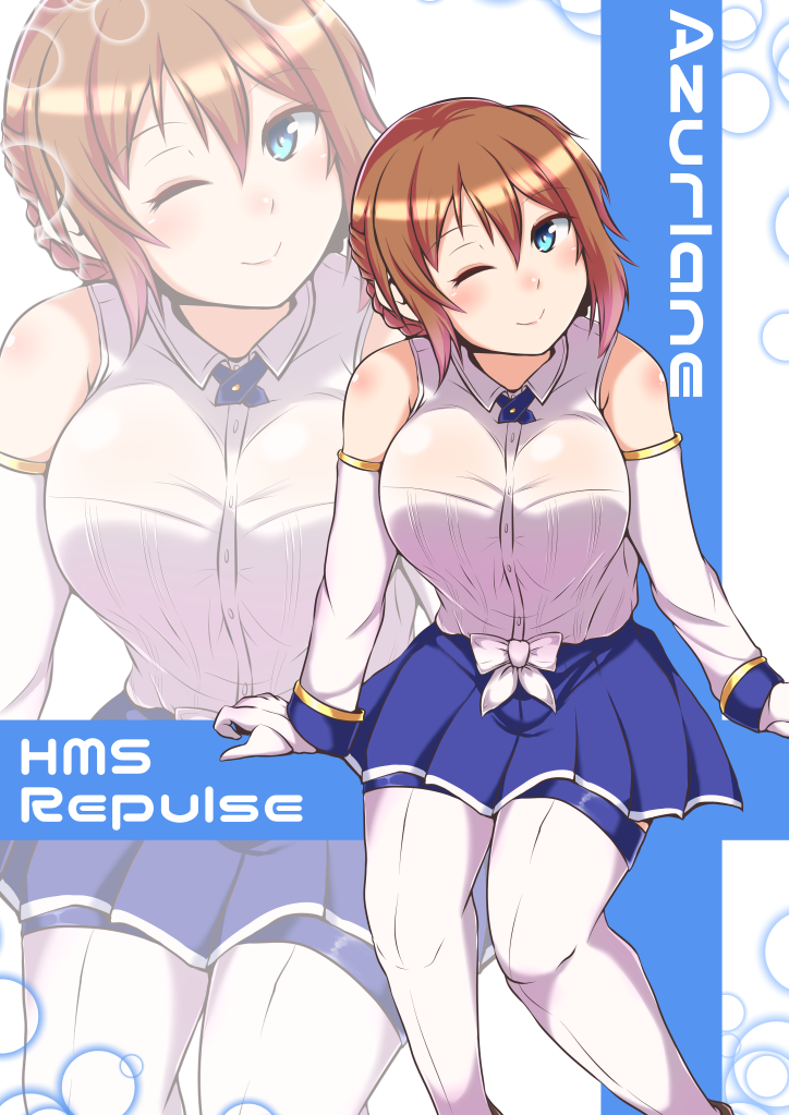 1girl alternate_costume alternate_hairstyle azur_lane braid breasts character_name commentary_request detached_sleeves french_braid large_breasts one_eye_closed repulse_(azur_lane) see-through sekitaku smile solo thigh-highs