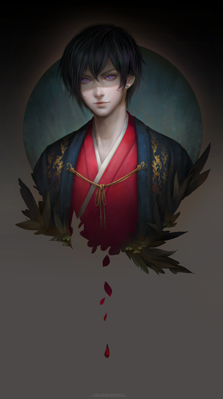 1boy artist_name black_background black_hair blood circle commission earrings fantasy felice haori highres japanese_clothes jewelry kimono looking_at_viewer male_focus original petals portrait realistic red_kimono short_hair solo violet_eyes