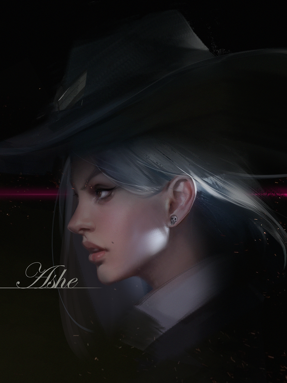 ashe_(league_of_legends) ashe_(overwatch) earrings hat highres jewelry lips overwatch yueyue