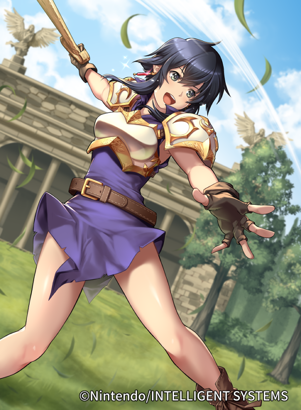 1girl belt black_eyes black_hair blue_sky breastplate clouds company_name copyright_name day fingerless_gloves fire_emblem fire_emblem:_genealogy_of_the_holy_war fire_emblem_cipher gloves grass holding holding_sword holding_weapon i-la larcei_(fire_emblem) official_art open_mouth outdoors short_hair sky solo sword tree weapon