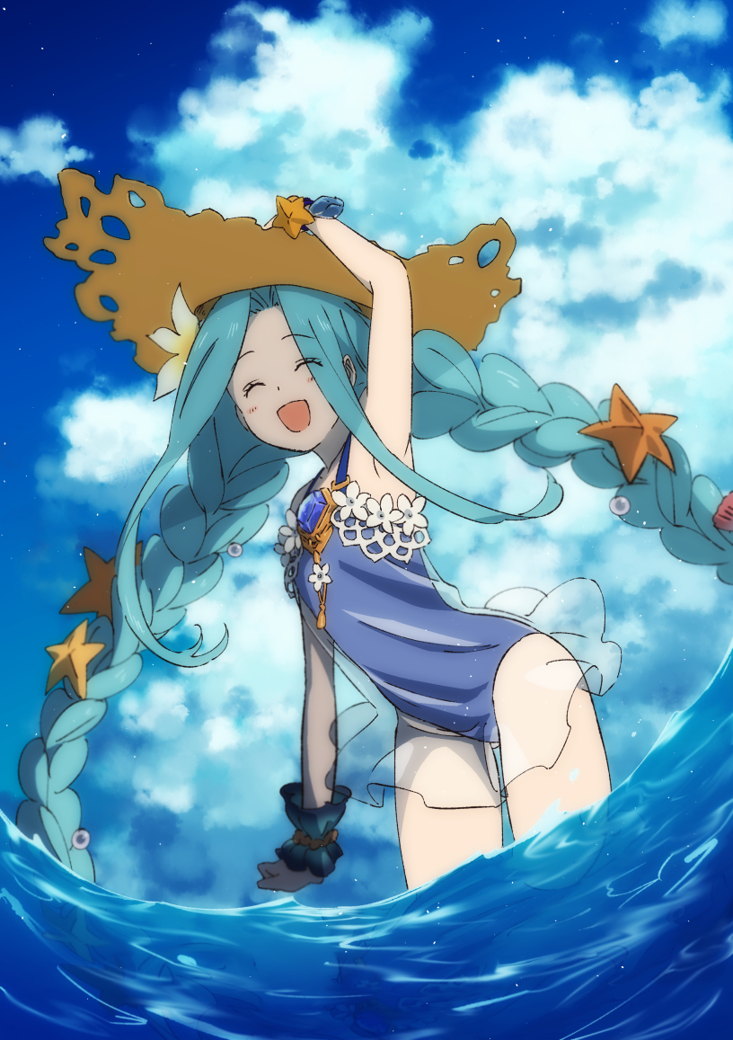 1girl :d arm_up armpits blue_hair blue_swimsuit braid brown_headwear casual_one-piece_swimsuit closed_eyes clouds day flat_chest floating_hair granblue_fantasy hand_on_headwear hat leaning_forward long_hair lyria_(granblue_fantasy) mifuta ocean one-piece_swimsuit open_mouth outdoors see-through shiny shiny_hair smile solo straw_hat sun_hat swimsuit twin_braids twintails very_long_hair wrist_cuffs