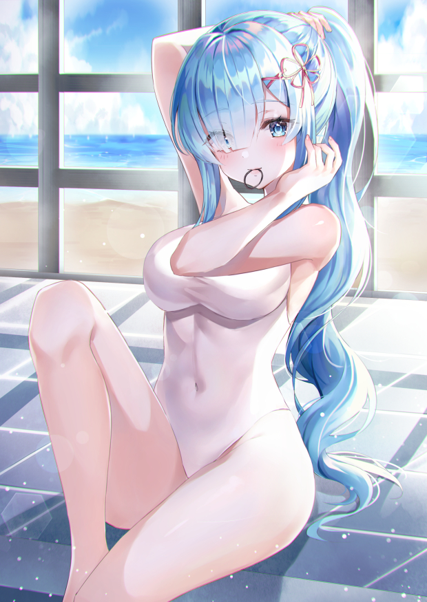 1girl arm_up bare_arms bare_legs bare_shoulders beach blue_eyes blue_hair breasts bunching_hair competition_swimsuit covered_navel day eyes_visible_through_hair flower_knot hair_ornament hair_over_one_eye hair_tie_in_mouth hand_up hinaki_(hinaki_0102) indoors knee_up large_breasts long_hair looking_at_viewer mouth_hold ocean one-piece_swimsuit ponytail re:zero_kara_hajimeru_isekai_seikatsu rem_(re:zero) sidelocks sitting solo sunlight swimsuit thighs tying_hair very_long_hair wavy_hair white_swimsuit window_shade x_hair_ornament