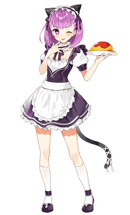 1girl alternate_costume animal_ears apron bangs black_dress black_footwear blush bob_cut breasts cat_ears cat_tail dress enmaided fate/grand_order fate_(series) food frilled_hairband frills full_body hairband hasegawa_(rarairairai) helena_blavatsky_(fate/grand_order) kneehighs looking_at_viewer maid omurice one_eye_closed plate puffy_short_sleeves puffy_sleeves purple_hair short_hair short_sleeves simple_background small_breasts smile solo tail tongue tongue_out violet_eyes waist_apron white_apron white_background white_legwear