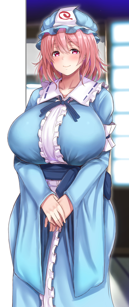 1girl arm_garter bangs blue_dress blue_headwear blue_sash blush breasts center_frills collarbone commentary_request cowboy_shot dress ebi_193 eyebrows_visible_through_hair frilled_shirt_collar frills hair_between_eyes hat huge_breasts long_sleeves looking_at_viewer mob_cap own_hands_together pink_eyes pink_hair ribbon-trimmed_collar ribbon_trim saigyouji_yuyuko sash short_hair smile solo standing touhou triangular_headpiece wide_sleeves