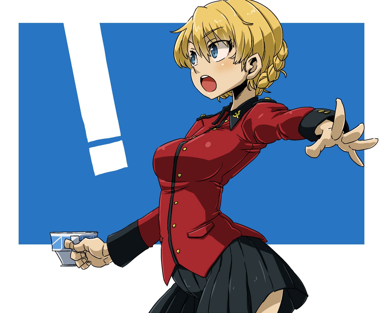 ! 1girl aono3 bangs black_skirt blonde_hair blue_eyes braid commentary cowboy_shot cup darjeeling epaulettes eyebrows_visible_through_hair gesture girls_und_panzer holding holding_cup jacket long_sleeves looking_to_the_side military military_uniform miniskirt open_mouth pleated_skirt red_jacket short_hair skirt solo st._gloriana's_military_uniform standing teacup tied_hair twin_braids uniform