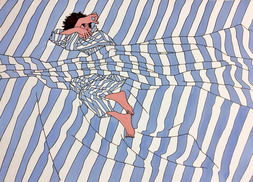 1boy 9bmmnn barefoot bed_sheet black_hair blue_stripes covering_face flat_color full_body ligne_claire limited_palette long_sleeves lying on_side original pajamas short_hair solo striped white_stripes