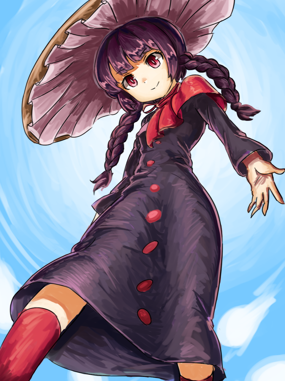 1girl ajirogasa bangs blue_sky braid breasts bright_pupils brown_headwear buttons closed_mouth clouds dress eyebrows_visible_through_hair from_below grey_dress hat highres long_hair long_sleeves nob1109 outdoors purple_hair red_eyes red_legwear sky small_breasts smile solo touhou twin_braids white_pupils yatadera_narumi