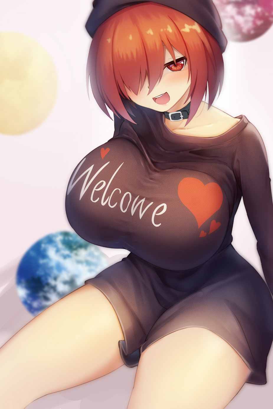 1girl :d beanie black_choker black_headwear black_shirt breasts choker clothes_writing commentary_request cowboy_shot earth_(ornament) grey_background hair_over_one_eye hat head_tilt heart hecatia_lapislazuli highres huge_breasts long_sleeves looking_at_viewer moon_(ornament) naked_shirt no_pants open_mouth red_eyes redhead shirt short_hair simple_background sitting smile solo t-shirt thick_thighs thighs touhou z.o.b