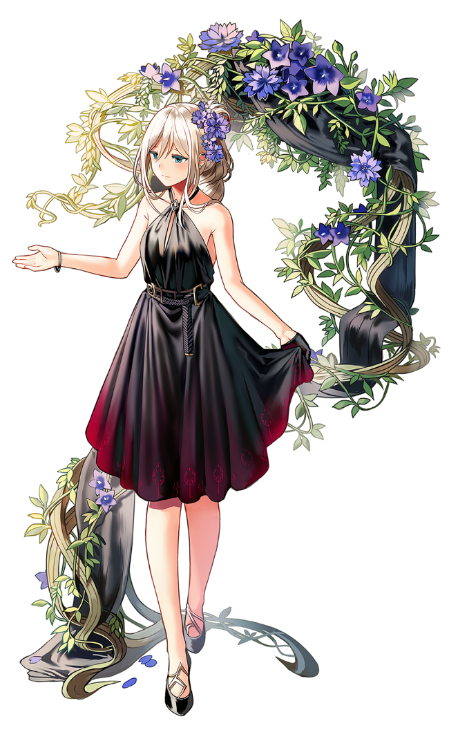 1girl an-94_(girls_frontline) bare_shoulders belt black_dress black_footwear black_gloves blonde_hair blue_eyes blush bracelet check_character closed_mouth collarbone dress earrings flower folded_ponytail full_body girls_frontline gloves hair_flower hair_ornament halter_dress jewelry long_hair looking_away looking_to_the_side outstretched_hand plant purple_flower silence_girl single_glove skirt_hold sleeveless sleeveless_dress solo standing vines