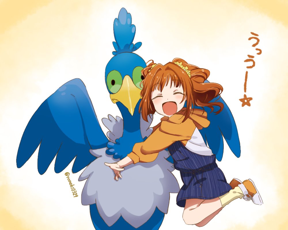 1girl bird blush brown_hair closed_eyes cramorant full_body gen_8_pokemon green_sclera hair_ornament hair_scrunchie hood hoodie hug idolmaster idolmaster_(classic) jumping long_hair moeki_(moeki0329) open_mouth orange_footwear pokemon_(creature) scrunchie simple_background smile standing takatsuki_yayoi trait_connection twintails twitter_username