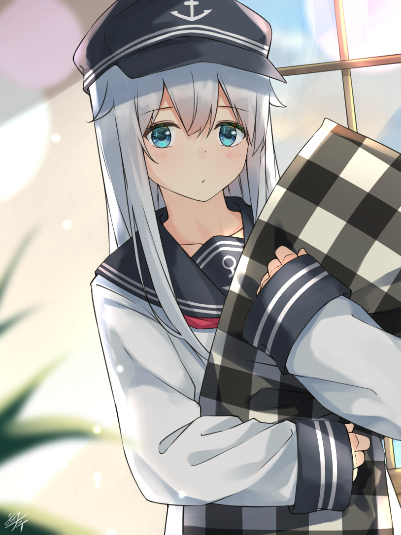 1girl black_headwear black_sailor_collar blue_eyes blurry blush collarbone depth_of_field flat_cap hair_between_eyes hat hibiki_(kantai_collection) kantai_collection long_hair long_sleeves miko_fly neckerchief parted_lips red_neckwear sailor_collar school_uniform serafuku signature silver_hair solo upper_body window