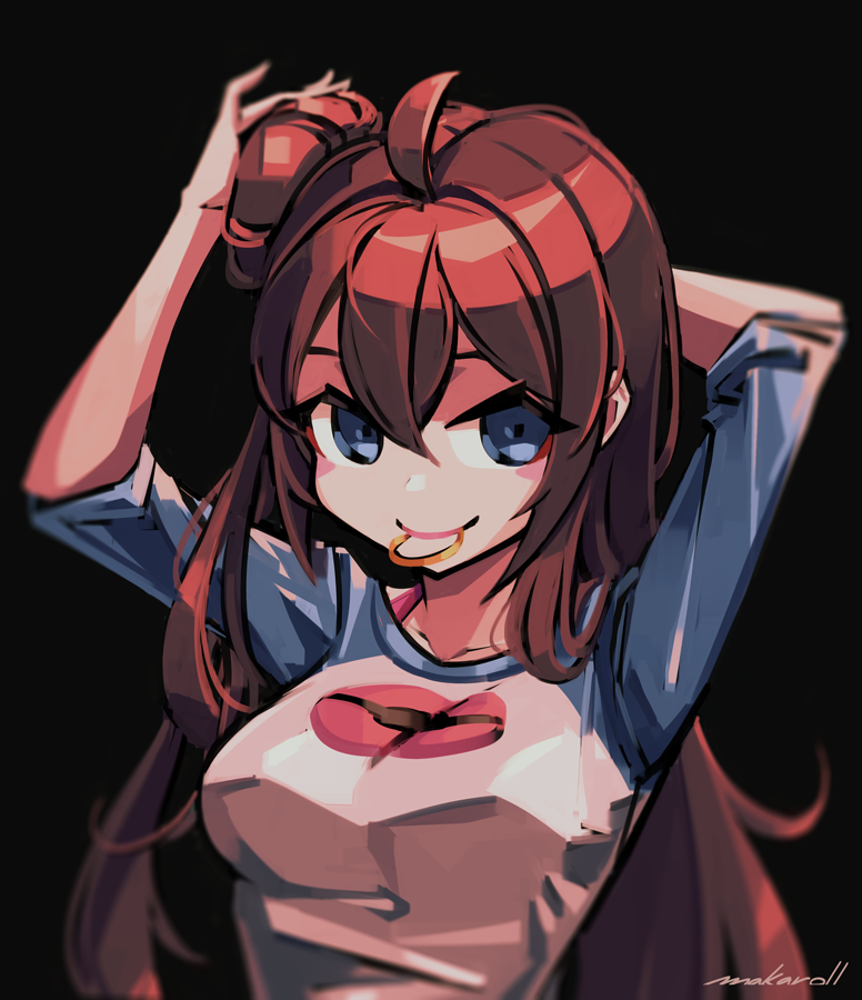 1girl ahoge allen_(makaroll) arms_up black_background blue_eyes blue_sleeves breasts brown_hair closed_mouth commentary_request hair_bun hair_down hair_tie hairdressing long_hair looking_at_viewer medium_breasts mei_(pokemon) mouth_hold no_hat no_headwear poke_ball_print pokemon pokemon_(game) pokemon_bw2 print_shirt raglan_sleeves shirt short_sleeves signature simple_background smile solo tying_hair very_long_hair white_shirt