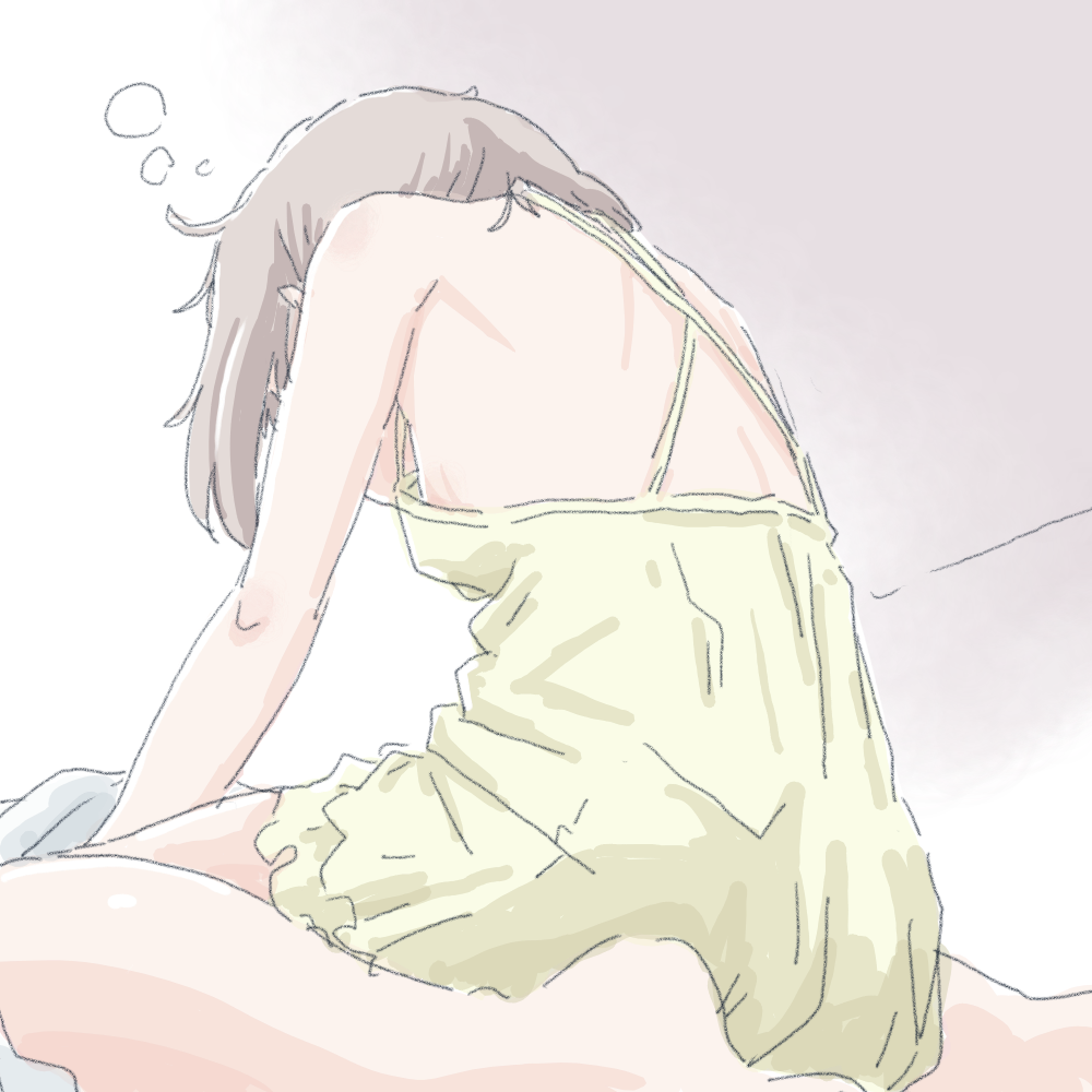 1girl bare_legs bare_shoulders barefoot breasts commentary_request from_behind from_below grey_hair nightgown short_hair shoulder_blades sideboob sitting sleepy sleeveless small_breasts solo wariza yama_no_susume yougiri yukimura_aoi