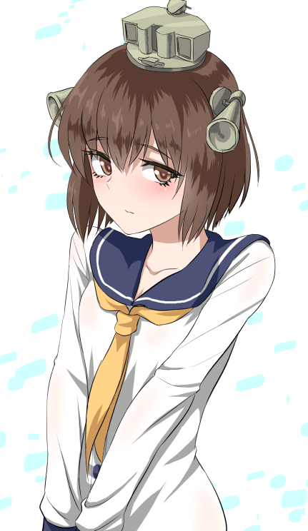 1girl blush brown_eyes brown_hair dress eyebrows_visible_through_hair headset kantai_collection looking_at_viewer minarai_zouhyou neckerchief sailor_dress short_hair solo speaking_tube_headset white_background yellow_neckwear yukikaze_(kantai_collection)