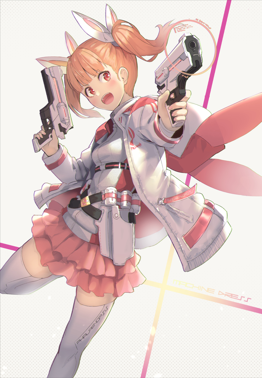 1girl bangs blonde_hair blunt_bangs blush breasts dual_wielding frilled_skirt frills gun handgun highres holding holding_gun holding_weapon hood hood_down hooded_jacket isegawa_yasutaka jacket long_sleeves open_clothes open_jacket open_mouth original red_eyes short_hair short_twintails simple_background skirt small_breasts solo thigh-highs twintails weapon white_legwear