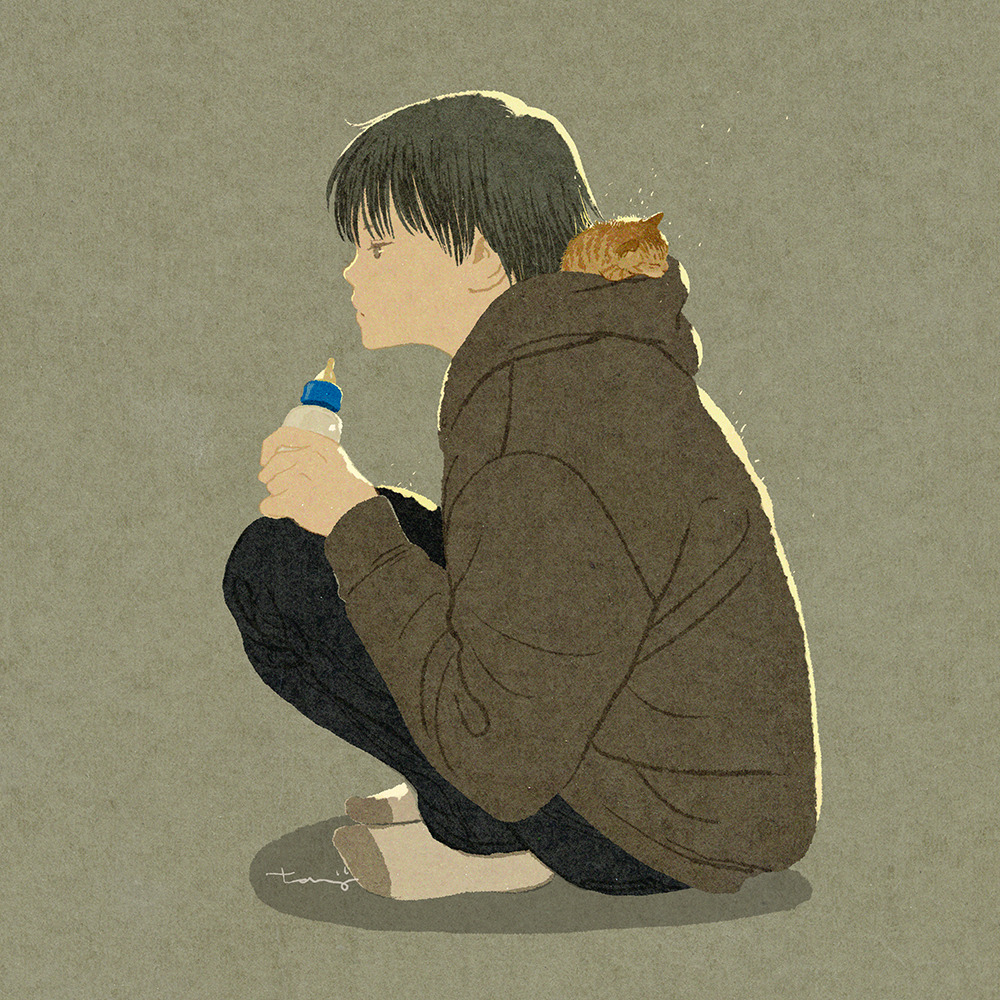 1boy animal animal_in_clothes baby_bottle black_pants bottle cat expressionless green_background holding hood hood_down kitten knees_up long_sleeves original pants profile shadow simple_background sitting socks solo tanji_youko