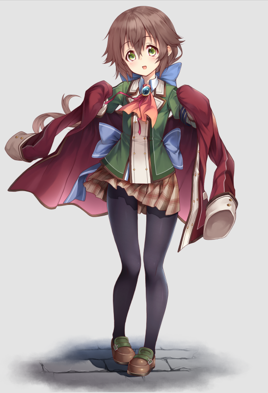 1girl ascot back_bow bangs black_legwear blue_bow bow brown_footwear brown_hair brown_skirt coat eiyuu_densetsu eyebrows_visible_through_hair floating_hair full_body green_eyes green_jacket grey_background hair_between_eyes hair_bow hakuleg jacket loafers long_hair long_sleeves miniskirt neck_ribbon open_clothes open_coat pantyhose plaid plaid_skirt pleated_skirt ponytail red_coat red_neckwear red_ribbon ribbon school_uniform sen_no_kiseki shiny shiny_hair shoes simple_background skirt solo standing towa_herschel very_long_hair