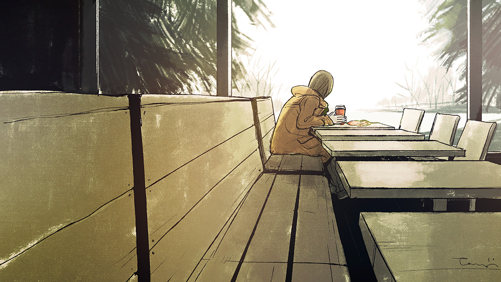 1girl brown_hair chair drink from_side jacket long_hair long_sleeves looking_away original perspective sitting solo table tanji_youko tree window yellow_jacket