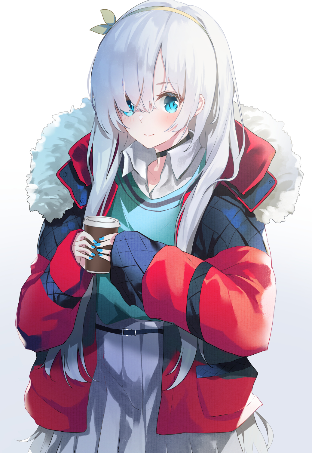 anastasia_(fate/grand_order) aqua_eyes aqua_nails aqua_sweater blush closed_mouth coat commentary_request cup disposable_cup fate/grand_order fate_(series) fur-trimmed_coat fur_trim gradient gradient_background green_hairband grey_skirt hair_over_one_eye hairband highres holding holding_cup long_hair long_sleeves looking_at_viewer nail_polish open_clothes open_coat pleated_skirt red_coat silver_hair simple_background skirt sleeves_past_wrists smile tukise_33 white_background wing_collar
