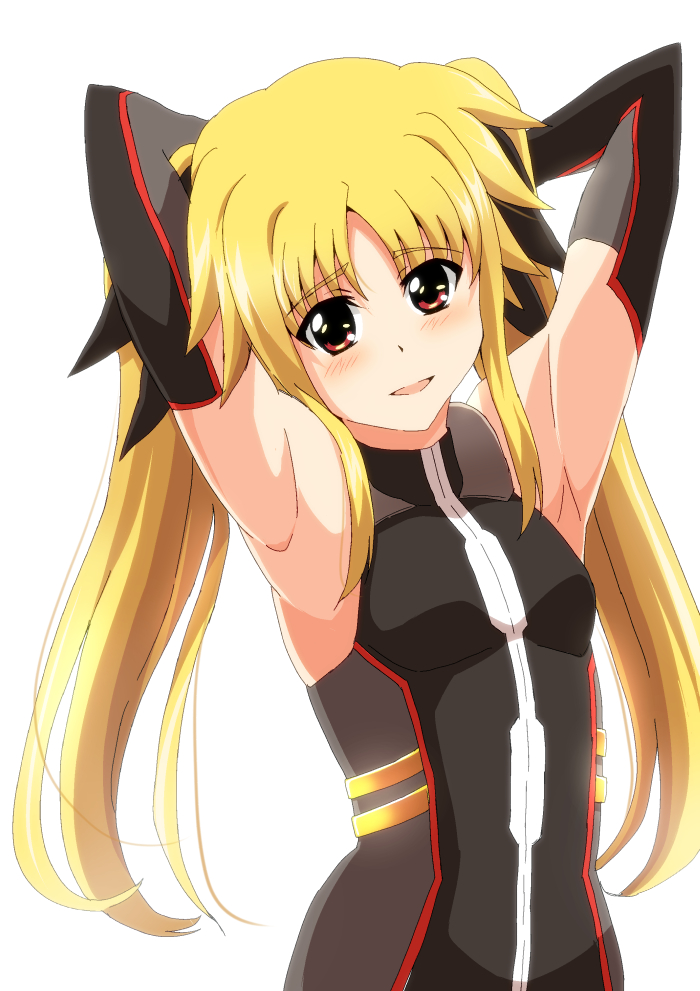 1girl armpits arms_behind_head arms_up azumaya_hironaru bare_shoulders black_gloves blonde_hair blush breasts elbow_gloves eyebrows_visible_through_hair fate_testarossa gloves hair_ornament hair_ribbon long_hair looking_at_viewer lyrical_nanoha mahou_shoujo_lyrical_nanoha mahou_shoujo_lyrical_nanoha_a's open_mouth red_eyes ribbon shiny shiny_hair simple_background small_breasts smile solo standing tongue twintails upper_body white_background