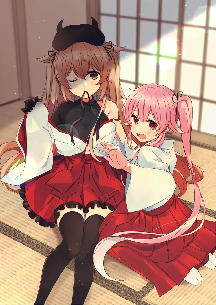 2girls beret black_legwear black_serafuku bodysuit brown_eyes commentary_request gradient_hair hair_flaps hair_ribbon hakama harusame_(kantai_collection) hat horns indoors japanese_clothes kantai_collection kimono light_brown_hair long_hair miko multicolored_hair multiple_girls murasame_(kantai_collection) nontraditional_miko one_eye_closed pink_eyes pink_hair pleated_skirt remodel_(kantai_collection) ribbon school_uniform seiza serafuku side_ponytail sitting skirt sliding_doors smile sunlight tatami thigh-highs twintails two_side_up white_legwear wide_sleeves yukichi_(eikichi)