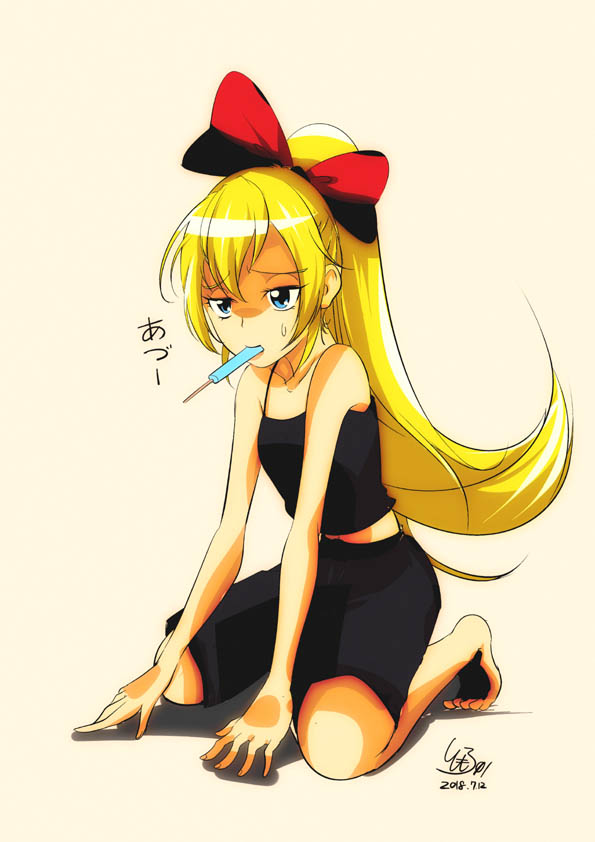 1girl 2018 bangs barefoot black_bow black_shirt black_shorts blonde_hair blue_eyes bow collarbone dated dokidoki!_precure eyes food full_body hair_bow high_ponytail kneeling long_hair midriff mouth_hold navel popsicle precure red_bow regina_(dokidoki!_precure) shadow shiny shiny_hair shirt shorts signature simple_background sleeveless sleeveless_shirt solo stomach tomo5656ky two-tone_bow very_long_hair white_background