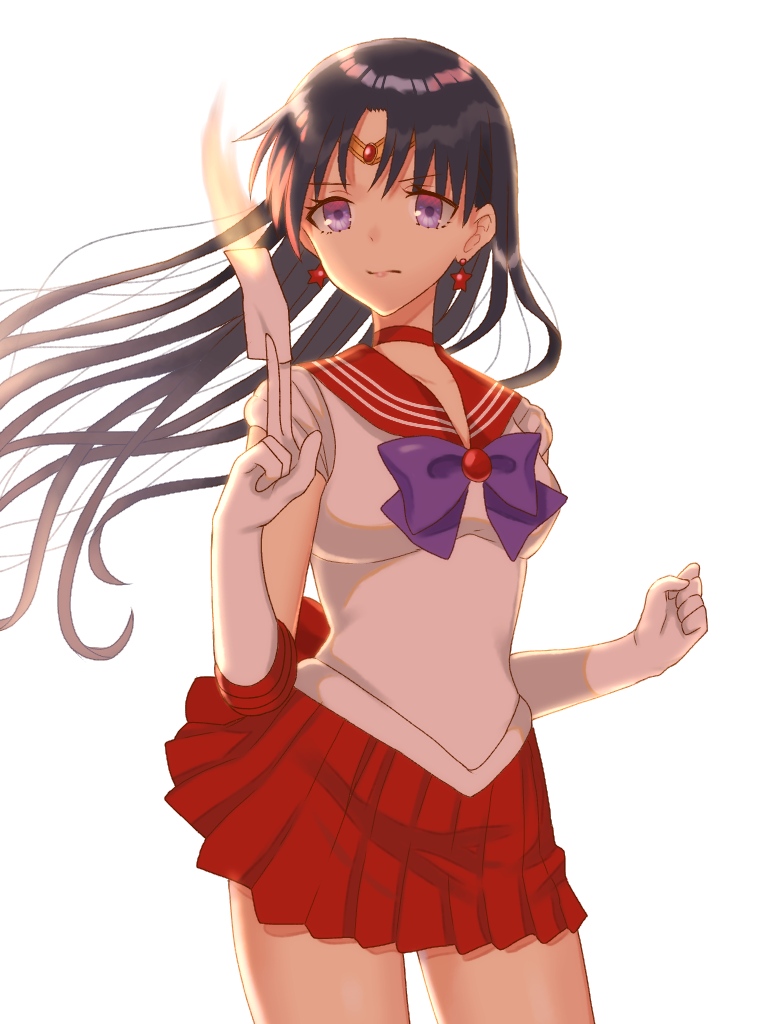 1girl bangs bishoujo_senshi_sailor_moon black_hair breasts choker closed_mouth collarbone collared_shirt contrapposto cowboy_shot earrings elbow_gloves floating_hair gloves holding jewelry long_hair medium_breasts miniskirt oshage_(user_kpsn5534) pleated_skirt purple_neckwear red_sailor_collar red_skirt sailor_collar sailor_mars sailor_senshi_uniform sailor_shirt shiny shiny_hair shirt simple_background skirt solo standing star star_earrings talisman very_long_hair violet_eyes white_background white_gloves white_shirt