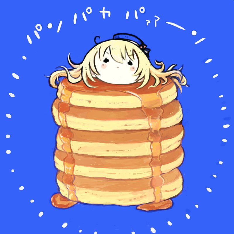 1girl atago_(kantai_collection) bangs beret blonde_hair blue_background blue_headwear food fujinozu hat in_food kantai_collection long_hair pan-pa-ka-paaan! pancake pun simple_background solo stack_of_pancakes syrup