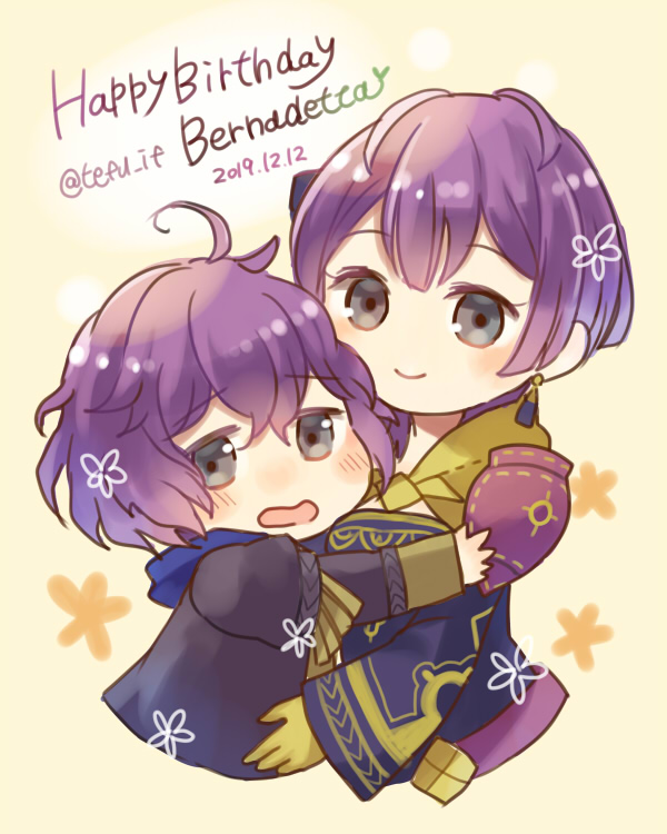 1girl age_comparison bernadetta_von_varley closed_mouth dated dual_persona earrings fire_emblem fire_emblem:_three_houses from_side garreg_mach_monastery_uniform gloves grey_eyes happy_birthday hood hood_down hug jewelry long_sleeves looking_to_the_side open_mouth purple_hair short_hair smile tefutene twitter_username uniform upper_body yellow_gloves