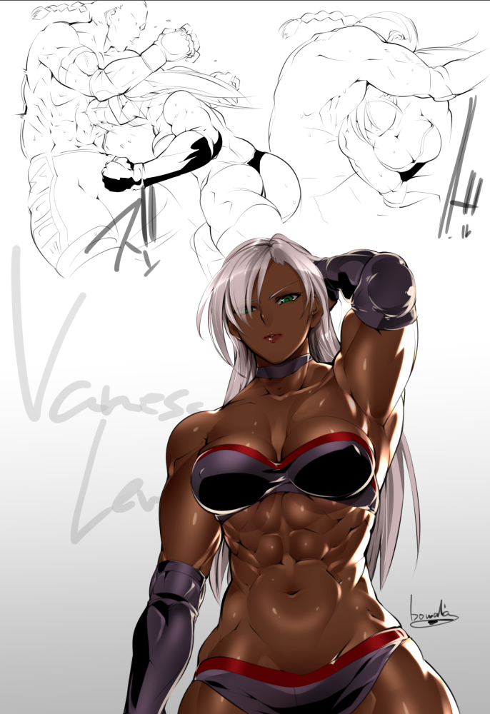 1girl abs bowalia breasts character_name choker dark_skin elbow_gloves gloves gradient gradient_background green_eyes large_breasts long_hair muscle muscular_female navel red_lips signature sketch sports_bikini vanessa_lewis virtua_fighter white_hair